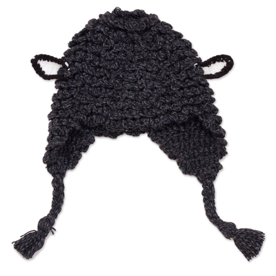 Alpaca blend chullo hat, 'Black Sheep' - Sheep-Themed Alpaca Blend Chullo Hat from Peru