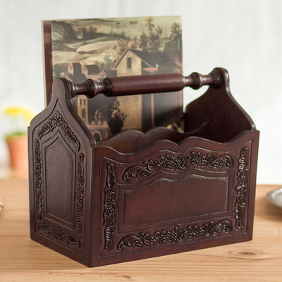 Leather and wood magazine holder, 'Colonial Reader' - Colonial Leather and Wood Magazine Holder from Peru