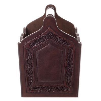 Leather and wood magazine holder, 'Colonial Reader' - Colonial Leather and Wood Magazine Holder from Peru