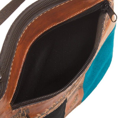 Leather accented suede sling, 'The Llama Way' - Brown and Teal Llama Pattern Leather Accented Suede Sling