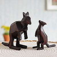 Cedar wood sculptures, 'Mother and Child Kangaroos' (pair) - Cedar Wood Mother and Child Kangaroo Sculptures (Pair)