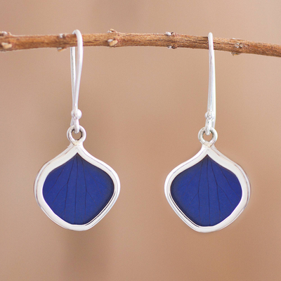 Natural leaf dangle earrings, 'Leaf Drops in Blue' - Drop-Shaped Natural Leaf Dangle Earrings in Blue fro Peru