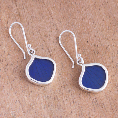 Natural leaf dangle earrings, 'Leaf Drops in Blue' - Drop-Shaped Natural Leaf Dangle Earrings in Blue fro Peru