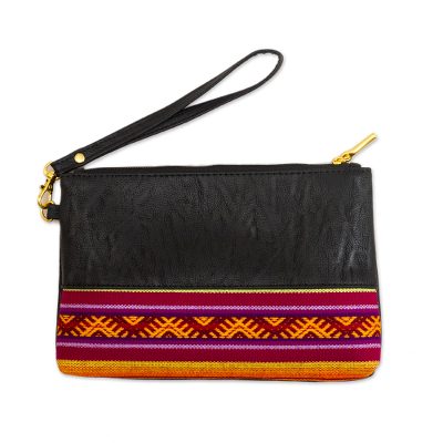 Black Faux Leather and Colorful Fabric Wristlet from Peru