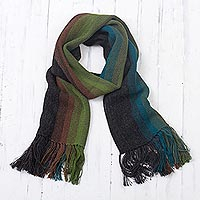 Men's 100% alpaca scarf, 'Selva Stripes' - Shades of Black Green Burgundy Blue 100% Alpaca Knit Scarf