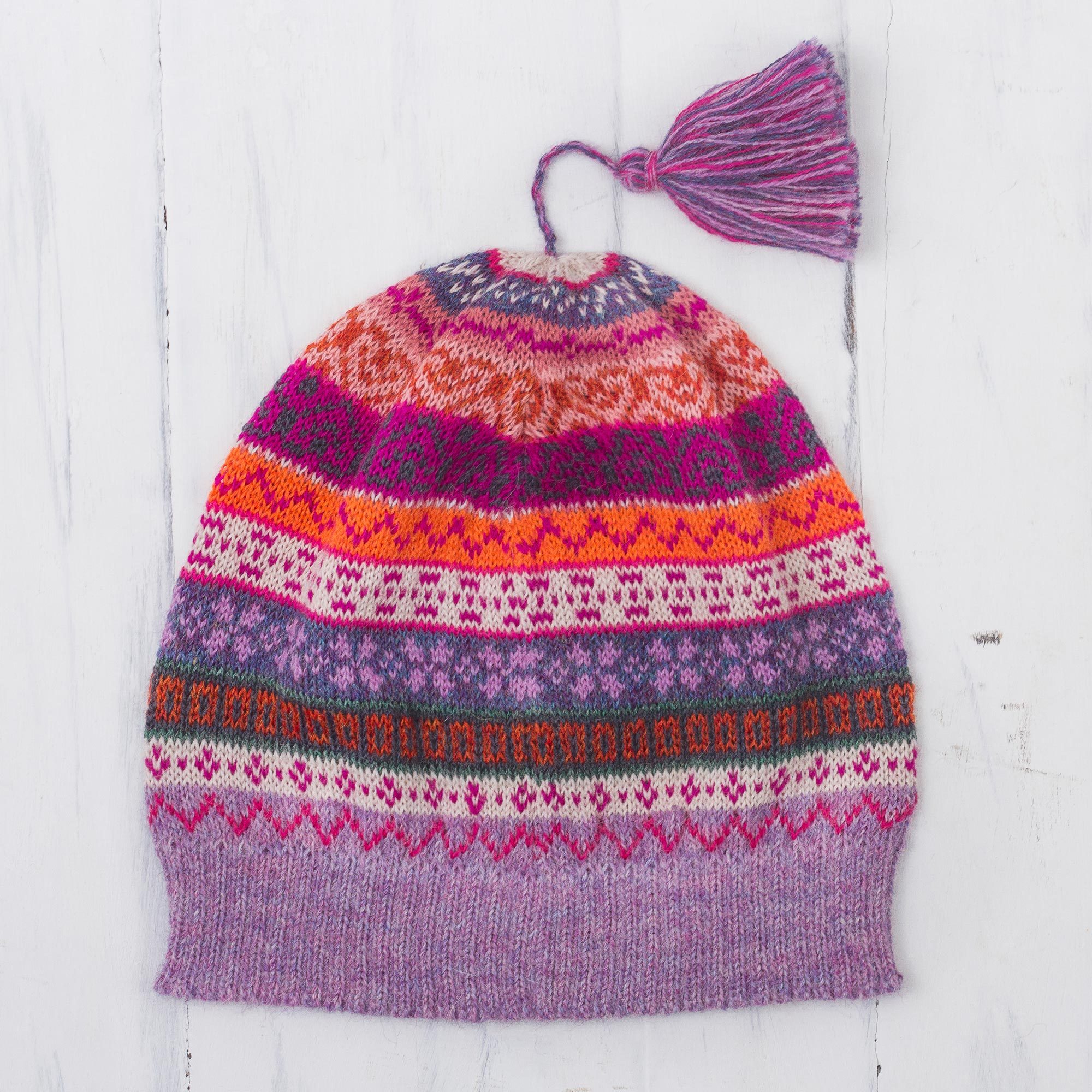 Lilac And Fuchsia And Milk White 100 Alpaca Knit Hat Inca Blooms Novica