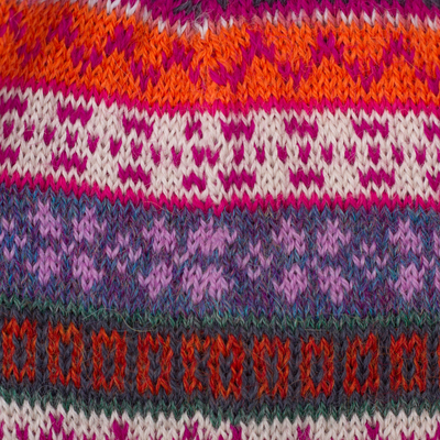 100% alpaca knit hat, 'Inca Blooms' - Lilac and Fuchsia and Milk White 100% Alpaca Knit Hat