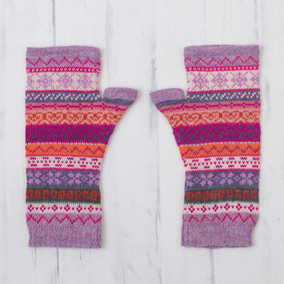 100% alpaca fingerless mitts, 'Inca Blooms' - Lilac and Fuchsia 100% Alpaca Knit Fingerless Mitts