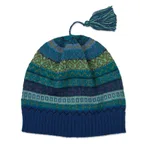 100% alpaca knit hat, 'Sea Dreams' - Shades of Blue and Green 100% Alpaca Knit Hat with Tassel