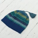 100% alpaca knit hat, 'Sea Dreams' - Shades of Blue and Green 100% Alpaca Knit Hat with Tassel