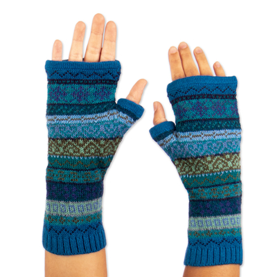 fingerlose Handschuhe aus 100 % Alpaka - Fingerlose Handschuhe aus 100 % Alpaka-Strick in Blau- und Grüntönen