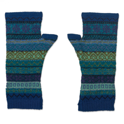 100% alpaca fingerless mitts, 'Inca Skies' - Shades of Blue and Green 100% Alpaca Knit Fingerless Mitts