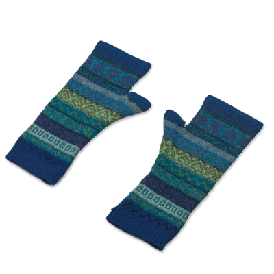100% alpaca fingerless mitts, 'Inca Skies' - Shades of Blue and Green 100% Alpaca Knit Fingerless Mitts