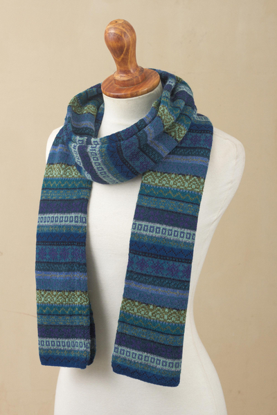 100% alpaca scarf, 'Inca Turquoise' - Striped 100% Alpaca Scarf in Blue and Green from Peru