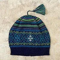 Gorro tejido 100% alpaca - Gorro tejido azul y verde 100% alpaca de Perú