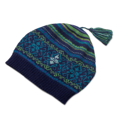 100% alpaca knit hat, 'Blue Turquoise' - Blue and Green Knit 100% Alpaca Hat from Peru