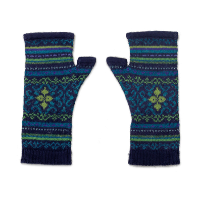 100% alpaca fingerless mitts, 'Blue Turquoise' - Blue and Green 100% Alpaca Fingerless Mitts from Peru