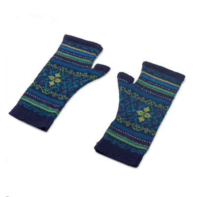 100% alpaca fingerless mitts, 'Blue Turquoise' - Blue and Green 100% Alpaca Fingerless Mitts from Peru