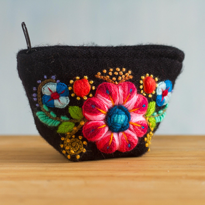 Embroidered alpaca blend coin purse, 'Paradise' - Hand Embroidered Floral Coin Purse