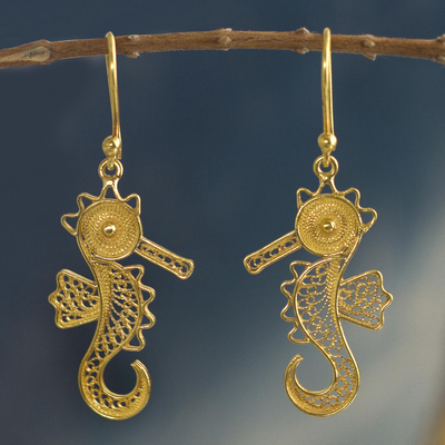 Gold plated filigree earrings, 'Little Seahorse' - 24k Gold Plated Sterling Filigree Dangle Sea Horse Earrings