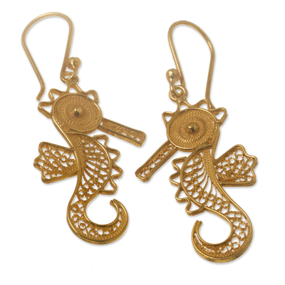Gold plated filigree dangle earrings, 'Little Seahorse' - 24k Gold Plated Sterling Filigree Dangle Sea Horse Earrings