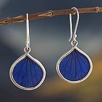 Natural leaf dangle earrings, 'Blue Leaf Drops' - Andean Handmade Sterling Silver Blue Leaf Earrings