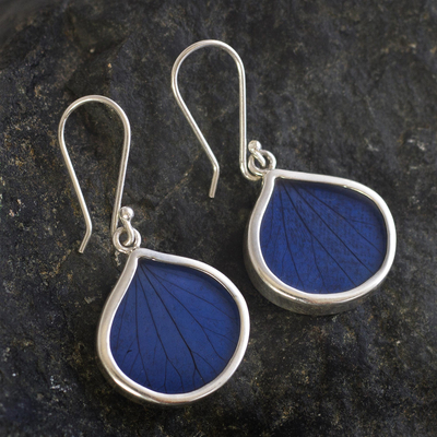 Natürliche Blatt-Ohrhänger – Handgefertigte Anden-Ohrringe aus Sterlingsilber mit blauen Blättern