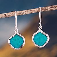 Natural leaf dangle earrings, 'Turquoise Leaf Drops' - Andean Handmade Sterling Silver Turquoise Leaf Earrings