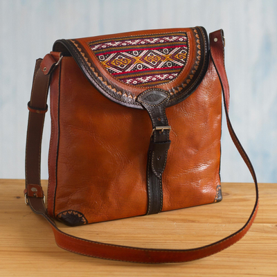 Bolso de hombro de cuero con detalles de lana - Bolso de hombro de cuero naranja hecho a mano con detalles de lana