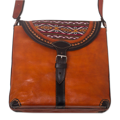 Wool-accented leather shoulder bag, 'Solari' - Hand Crafted Orange Leather Shoulder Bag with Wool Accent