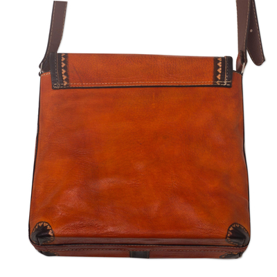 Bolso de hombro de cuero con detalles de lana - Bolso de hombro de cuero naranja hecho a mano con detalles de lana