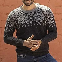 Men's 100% alpaca wool sweater, 'Inca Snowflake'