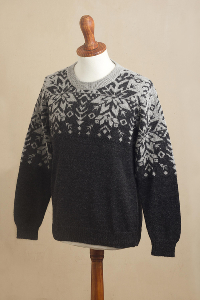 Men's 100% alpaca wool sweater, 'Inca Snowflake' - Men's Grey Alpaca Wool Snowflake Motif Sweater