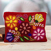 Embroidered wool cosmetic bag, Highland Wine