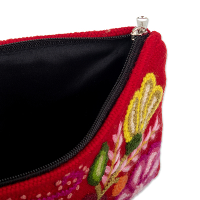 Embroidered wool cosmetic bag, 'Highland Wine' - Hand Embroidered Wine Red Wool Cosmetic Bag