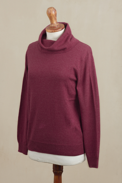 Cuello alto para mujer, 'Fall Burgundy' - Jersey de mezcla de algodón de punto en Borgoña sólida de Perú