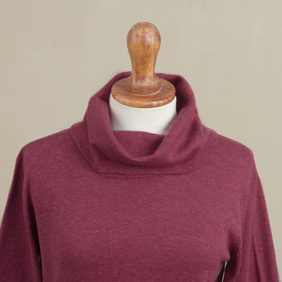 Cuello alto para mujer, 'Fall Burgundy' - Jersey de mezcla de algodón de punto en Borgoña sólida de Perú