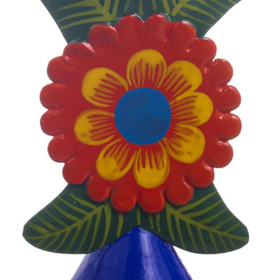 Recycled metal candlestick, 'Andean Flora in Royal' - Hand Painted Floral Metal Candlestick