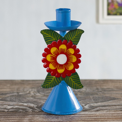 Kerzenständer aus recyceltem Metall - Himmelblauer Kerzenständer aus recyceltem Metall mit Blume