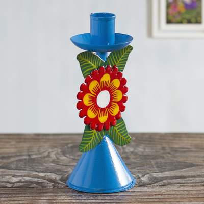 Recycled metal candlestick, 'Andean Flora in Sky Blue' - Sky Blue Recycled Metal Candlestick with Flower
