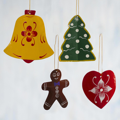Recycled metal ornaments, 'Holiday Fun' (Set of 4) - Assorted Recycled Metal Holiday Ornaments (Set of 4)