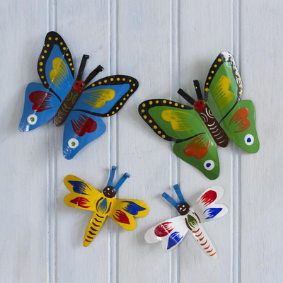 Recycled metal magnets, 'Butterflies and Dragonflies' (set of 4) - Colorful Metal Butterfly and Dragonfly Magnets (Set of 4)