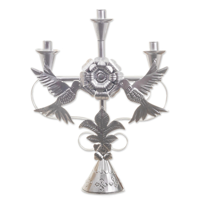 Recycled metal candelabra, 'Hummingbird Grace' - Hummingbird Motif Recycled Metal Candelabra