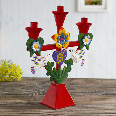 Recycled metal candelabra, 'Ayacucho Home' - Handmade Candelabra with Heart and Dove Motifs