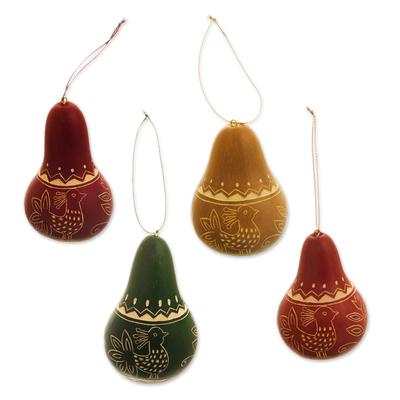 Dried mate gourd ornaments, 'Andean Peacocks' (set of 4) - Set of 4 Dried Gourd Peacock Ornaments from Peru