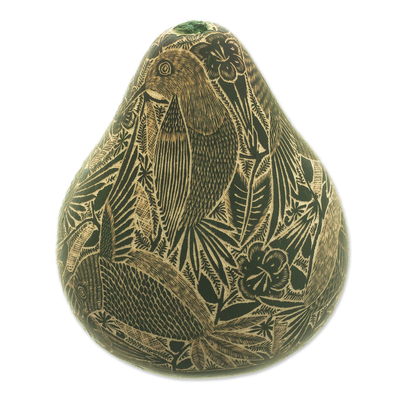 Dried mate gourd figurine, 'Andean Hummingbird' - Peruvian Engraved Dried Gourd Green Hummingbird Figurine
