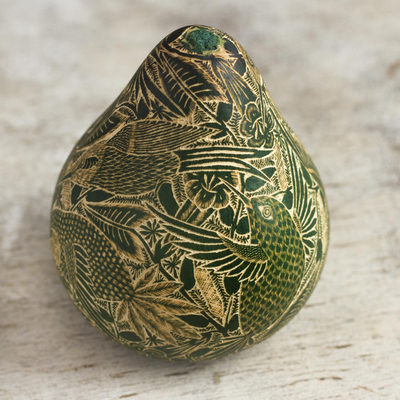 Getrocknete Mate-Kürbisfigur - Peruanische gravierte getrocknete, kürbisgrüne Kolibri-Figur