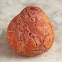 Engraved Dried Gourd Orange Hummingbird Figurine,'Sunset Hummingbirds'