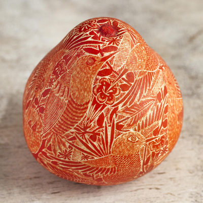 Dried mate gourd figurine, 'Sunset Hummingbirds' - Engraved Dried Gourd Orange Hummingbird Figurine