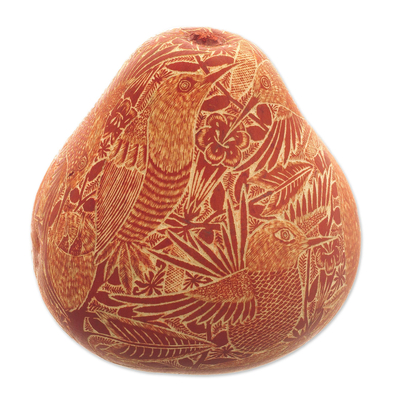 Engraved Dried Gourd Orange Hummingbird Figurine